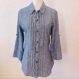 DKNY Chambray Ruffle Front Blouse Size Small